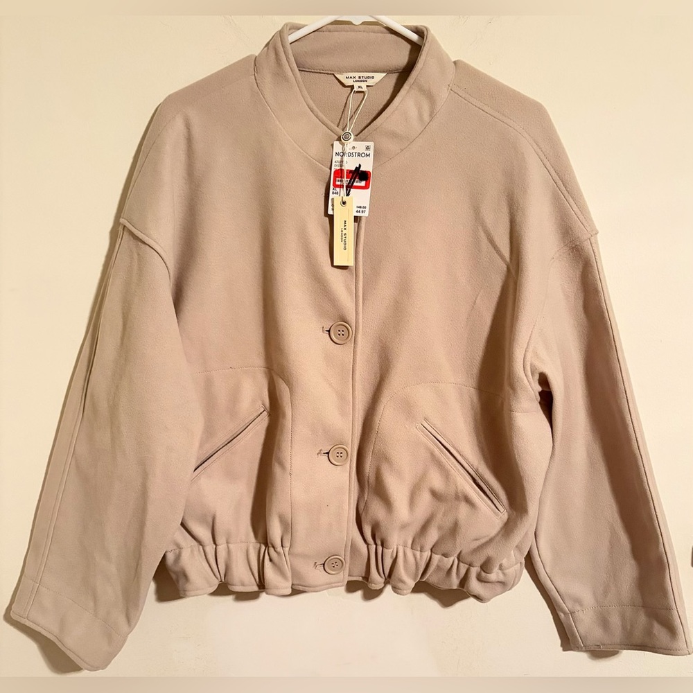 NWT Max Studio London Women's Tan Cream Button Up Cinched Waist Bomber Jacket XL